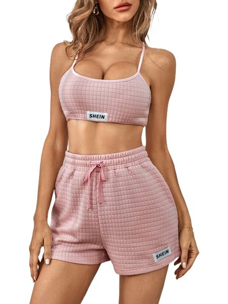 

waffle knit letter patched drawstring waist lounge set f7cd#, Black;red