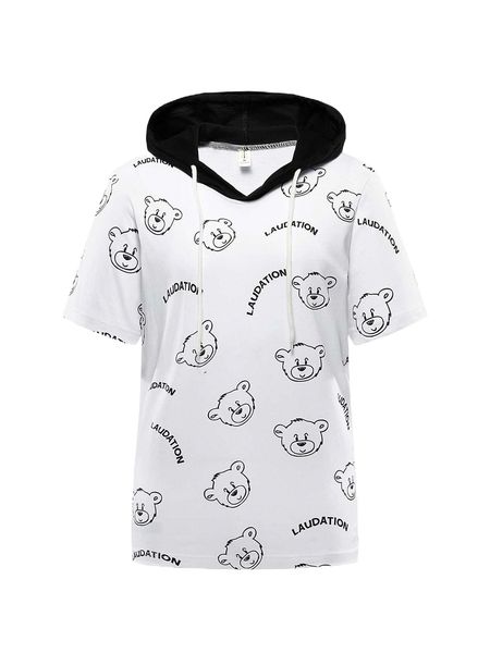 

men bear & letter graphic drawstring hooded tee 13p9#, White;black