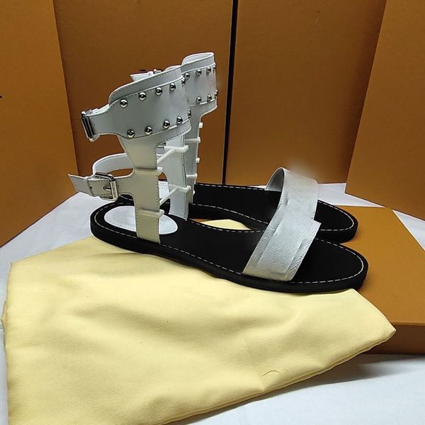 

3 color rivet women sandals summer fashion ankle high boots letter gladiator casual flat designer with box, Black