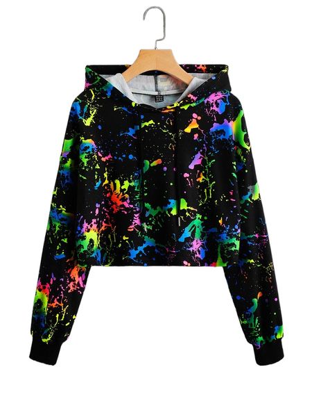 

splash ink print drop shoulder drawstring hoodie o8oz#, Black
