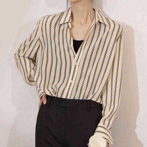 

women's polos early spring french silk chain printing small lapel long sleeve summer shirt women slim and versatile, White
