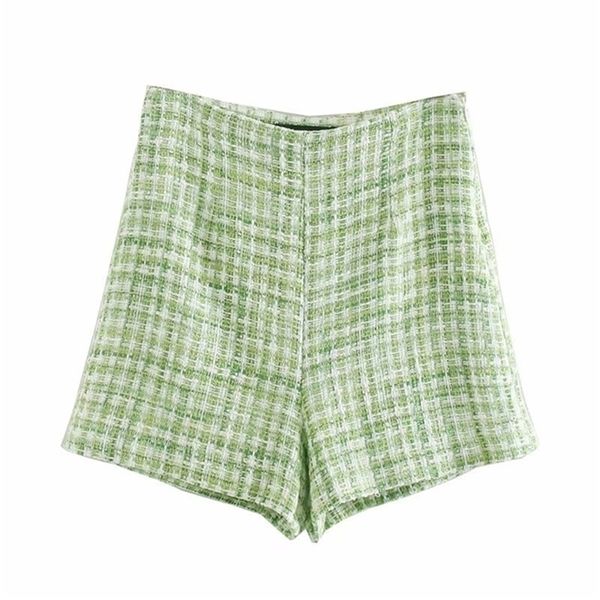 New 2020 Women Green Tweed Woolen Bermuda Shorts Ladies casuais laterais laterais laterais Hot Summer Chic Summer Pantalone Cortos P627 T200701