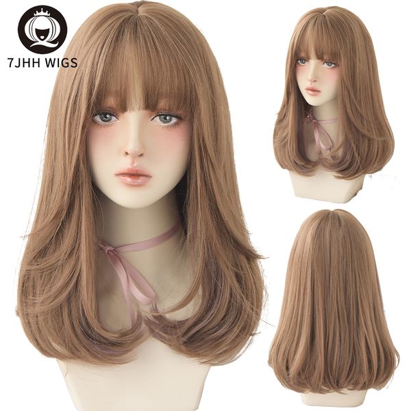 

lx brand wigs long wavy brown synthetic wigs with bang for women fashion ombre chocolate daily wear crochet bob cosplay hairfactory direct, Black