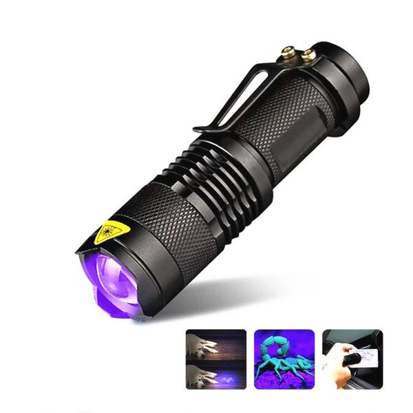 Torcia LED UV Mini torcia LED ultravioletta 395nm luce nera Lunghezza d'onda Luce viola Zoomabile Urina per animali domestici Scorpione Rilevatore di igiene femminile