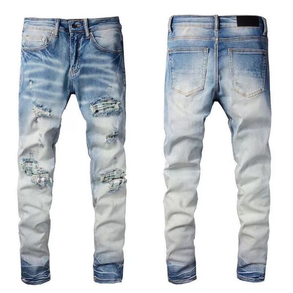 50 di sconto~Jeans Designer jeans da uomo hip-hop pantaloni lavati con cerniera con cuciture retrò strappate pieghe design da uomo moto da equitazione pantaloni slim cool jeans blu cielo da donna 28-40.