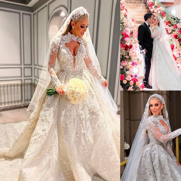 

luxury beads mermaid wedding dresses 3d lace flower appliques high neck bridal gowns illusion long sleeve robe de mariÃ©e bride dress, White