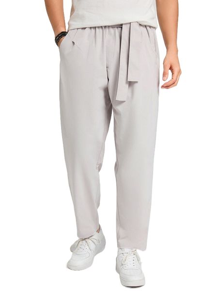 

men solid belted pants f1t2#, Black