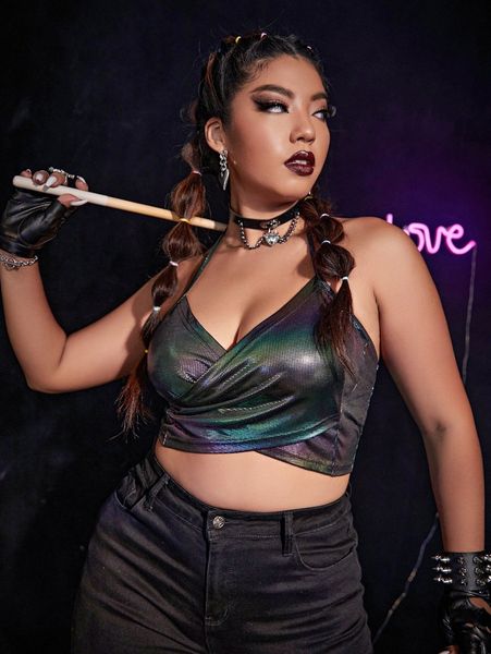 

plus holographic wrap cross backless crop halter c0ca#, Black