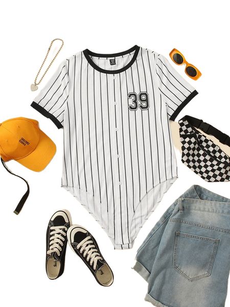 

plus striped & number print contrast trim bodysuit r39v#, Black