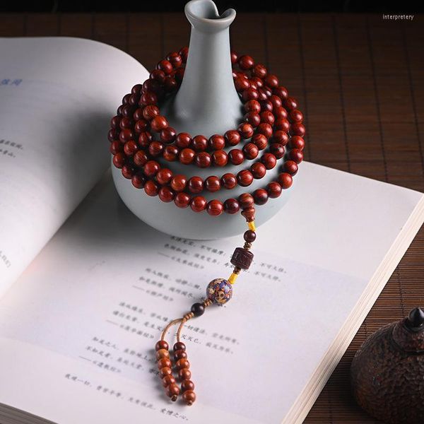 Fios de miçangas pulseira de madeira de pêra amarela 108 Buda contas de colar de estilo retro chinês feminino segurando Rosary Men Lacquer Inte22