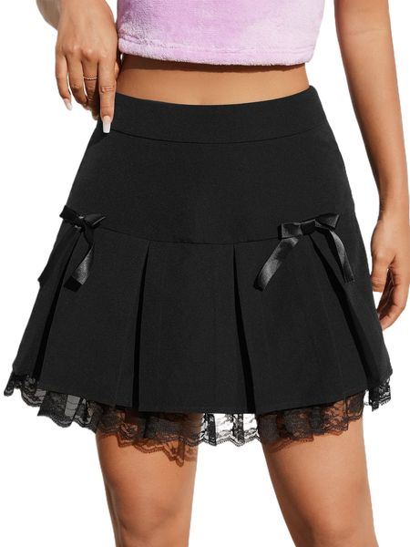 

contrast lace bow front pleated skirt z5ks#, Black