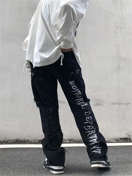 

men's jeans gothic letter print for men harajuku ripped cyber pants hip hop goth punk black denim straight trousers emo alt 2022men&#03, Blue