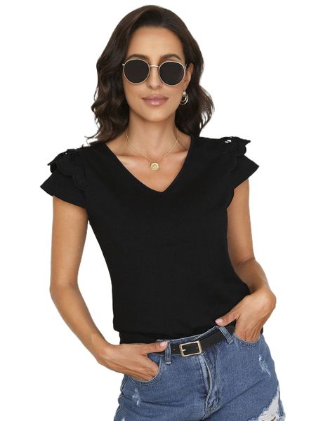 

contrast eyelet embroidery scallop trim tee 5112#, White