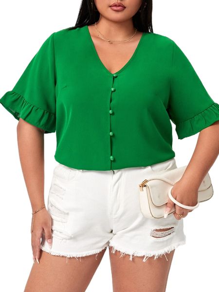 

plus solid flounce sleeve blouse s1ze#, Black