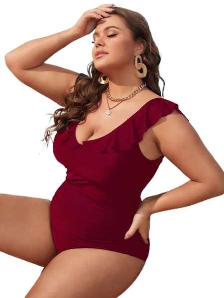

plus ruffle trim one piece swimsuit h7m8#, White;black