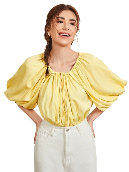 

ruched knot front lantern sleeve bodysuit l8dh#, White
