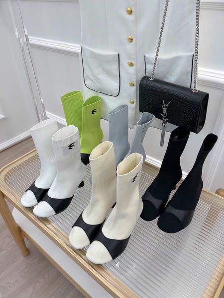 2022 echtes Leder quadratische Absätze Sockenkleid Schuh Luxus Designer Bb Paris Damenmode Balencaigaity weicher Chelsea gestrickt runder Zeh schwarz