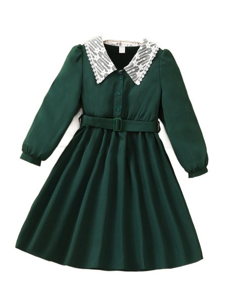 

girls contrast collar belted dress h1ja#, Black;white