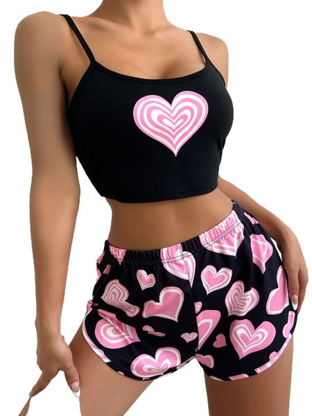 

heart print cami & shorts pj set o31u#, Black;red