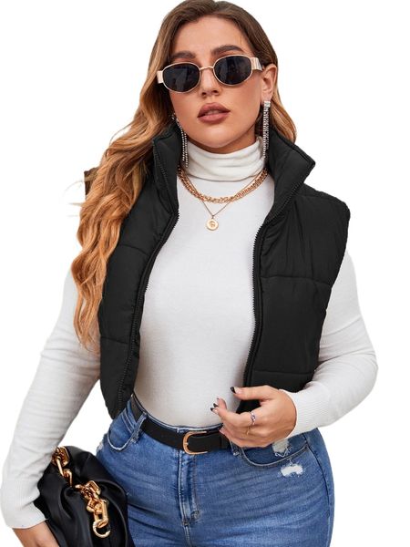 

plus zip up sleeveless puffer coat v4fb#, Black