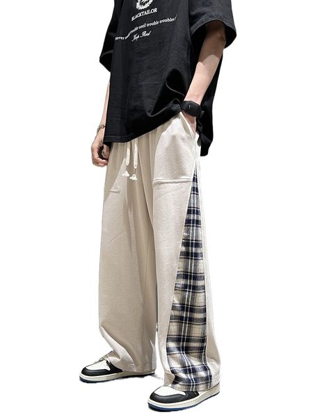 

men plaid drawstring waist sweatpants b5vt#, Black
