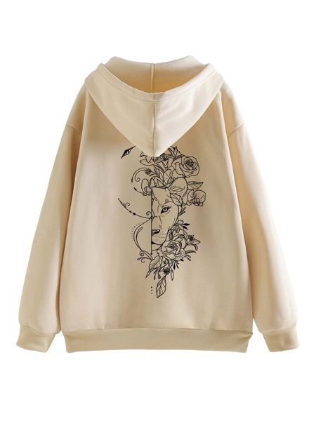 

animal & floral print drawstring thermal lined hoodie q8xk#, Black