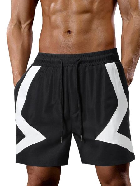 

men color block drawstring waist shorts f9zh#, White;black