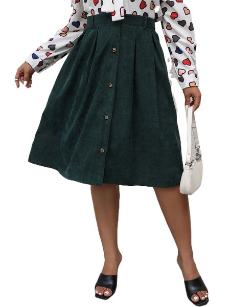 

plus solid button front plicated detail skirt m2ke#, Black