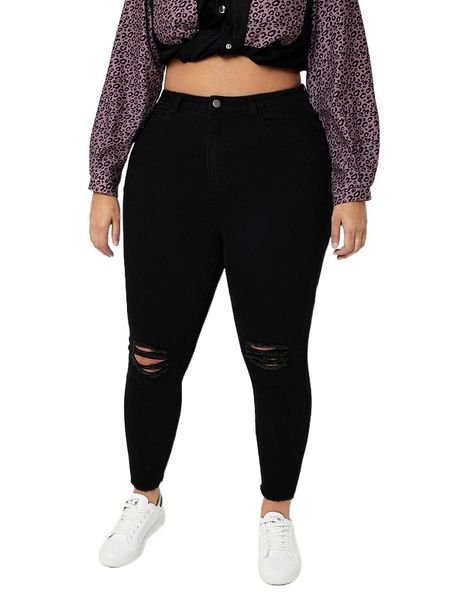 

plus high waist ripped raw cut skinny jeans r2my#, Blue