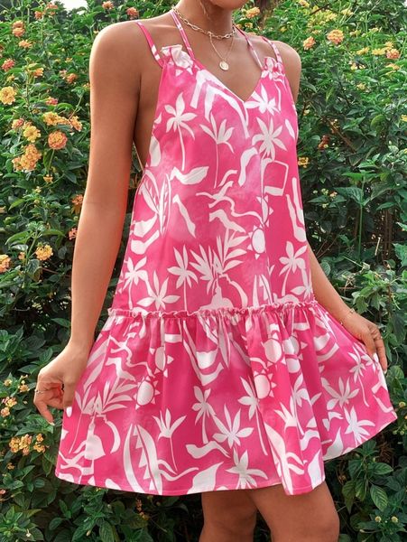 

random plants print tie backless ruffle hem cami dress i1h1#, Black;gray