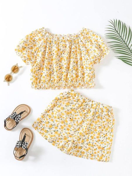 

girls ditsy floral print frill trim & shorts she, White