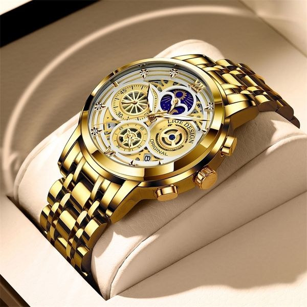 

lige sport men watch brand luxury gold stainless steel quartz wrsit watch men fashion hollow waterproof chronograph 220530, Slivery;brown