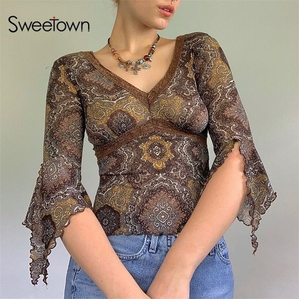 Sweetown Summer Fashion Vintage Lace Mesh Top T-shirt con stampa floreale Donna Mezza manica svasata con scollo a V Elegante t-shirt marrone 220408