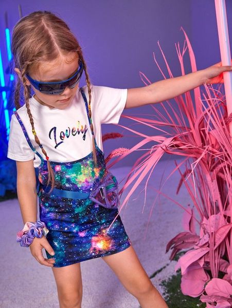 

toddler girls letter graphic tee & galaxy print overall dress set she, White