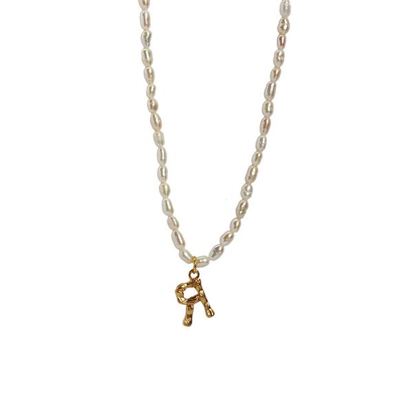 

vacuum plating 18 k jin yingwen letters ins freshwater pearl pendant ribbed texture tender wind necklace b176, Silver