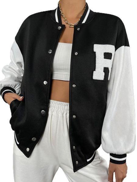 

letter embroidery drop shoulder colorblock bomber jacket z36p#, Black;brown