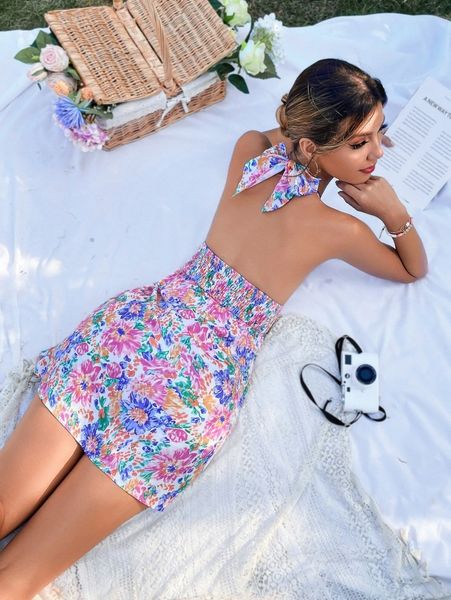 

floral print shirred waist backless dress z7r4#, Black;gray