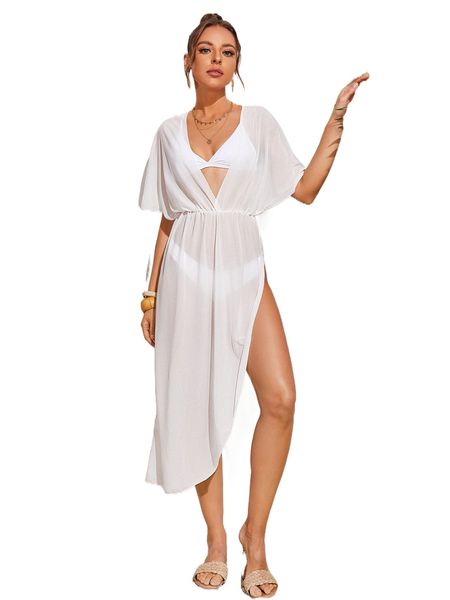 

batwing sleeve asymmetrical hem cover up dress without bikini l8g4#, White;black