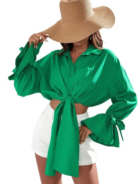 

solid flounce sleeve knot front shirt 32hi#, White