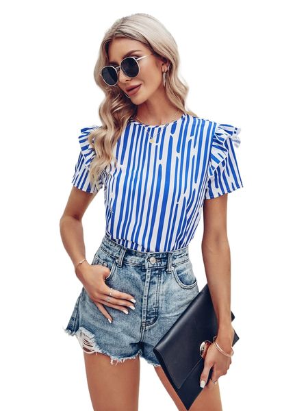 

striped print ruffle trim blouse w4ji#, White
