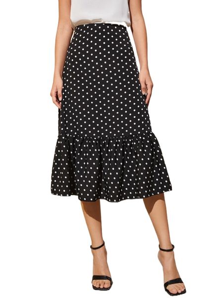 

polka dot ruffle hem skirt r97v#, Black