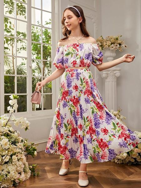

teen girls floral print bardot & pleated skirt set she, White