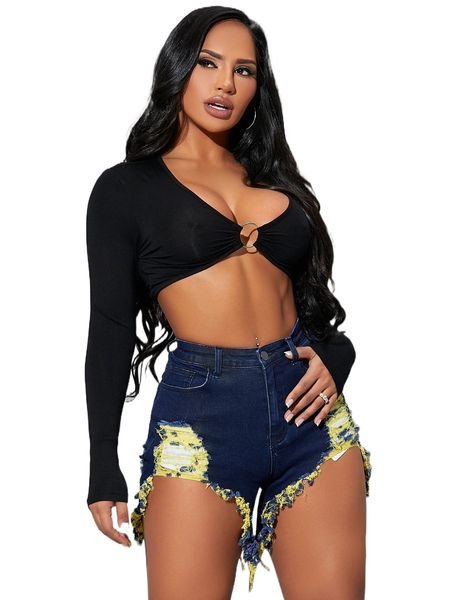 

sxy ripped raw hem zip fly denim shorts 42ko#, White;black