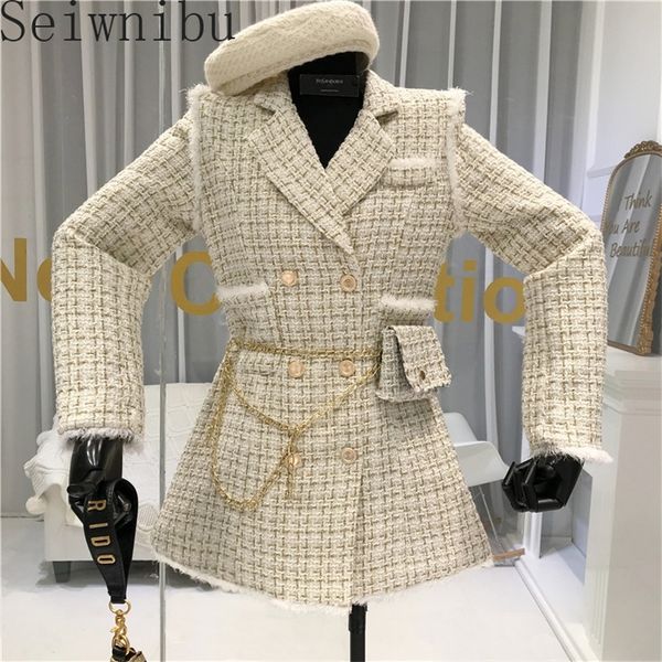 

2020 autumn spring women retro tweed spliced short coats suit plaid coat women slim doublebreasted jacket with waist bag t200828, Black;brown