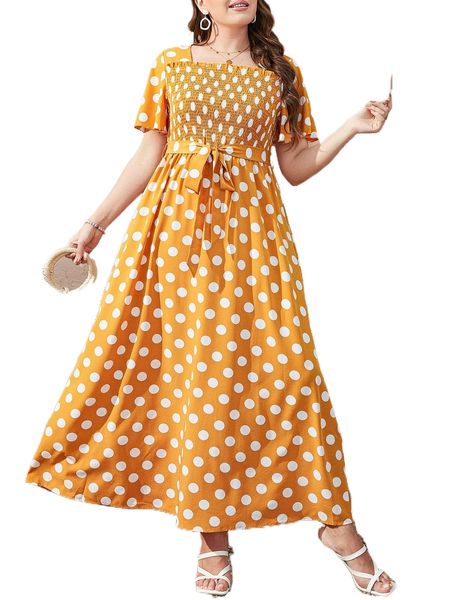 

plus polka dot print shirred butterfly sleeve belted dress 45u6#, Black