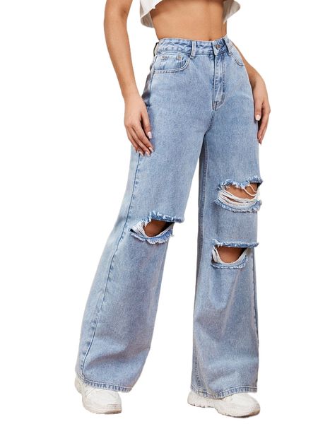 

zipper fly ripped detail wide leg jeans d5a0#, Blue