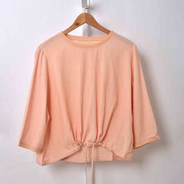 

women's t-shirt spring and summer leisure simple round neck drawstring long sleeve versatile t-shirt women's two-color, White