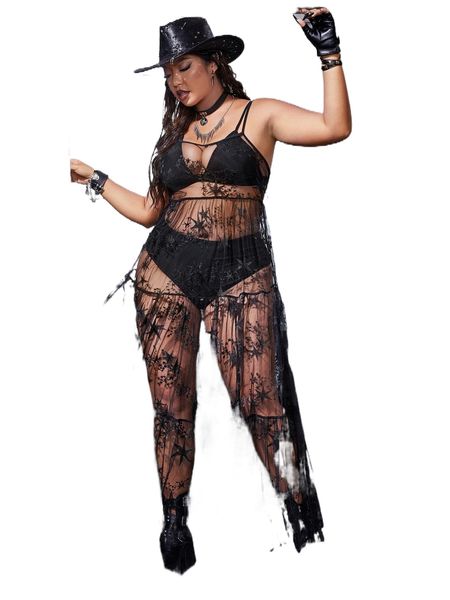 

plus star embroidery ruffle hem mesh cami dress without lingerie set u0cq#, Black