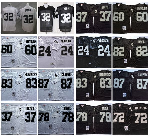 Vintage 24 Charles Woodson 32 Jack Tatum Futebol Jerseys 37 Lester Hayes 83 Ted Hendricks 60 Otis Sistrunk 78 Art Shell 87 Dave Casper 82 Al Davis 72 John Matuszak Camisa