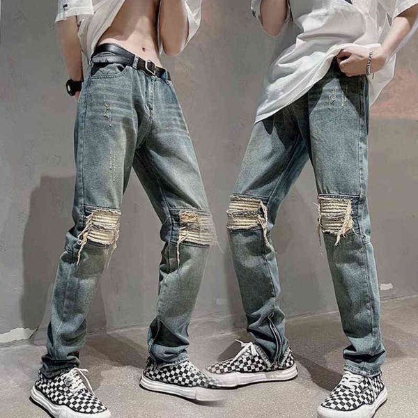 

summer ripped skinny jeans men slim fashion casual blue straight jeans men streetwear hip hop holes denim pants mens trousers t220726